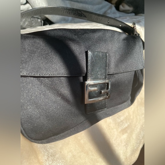 FENDI Black Satin and Leather Hobo Shoulder Bag. Baguette style Purse. - Picture 8 of 9